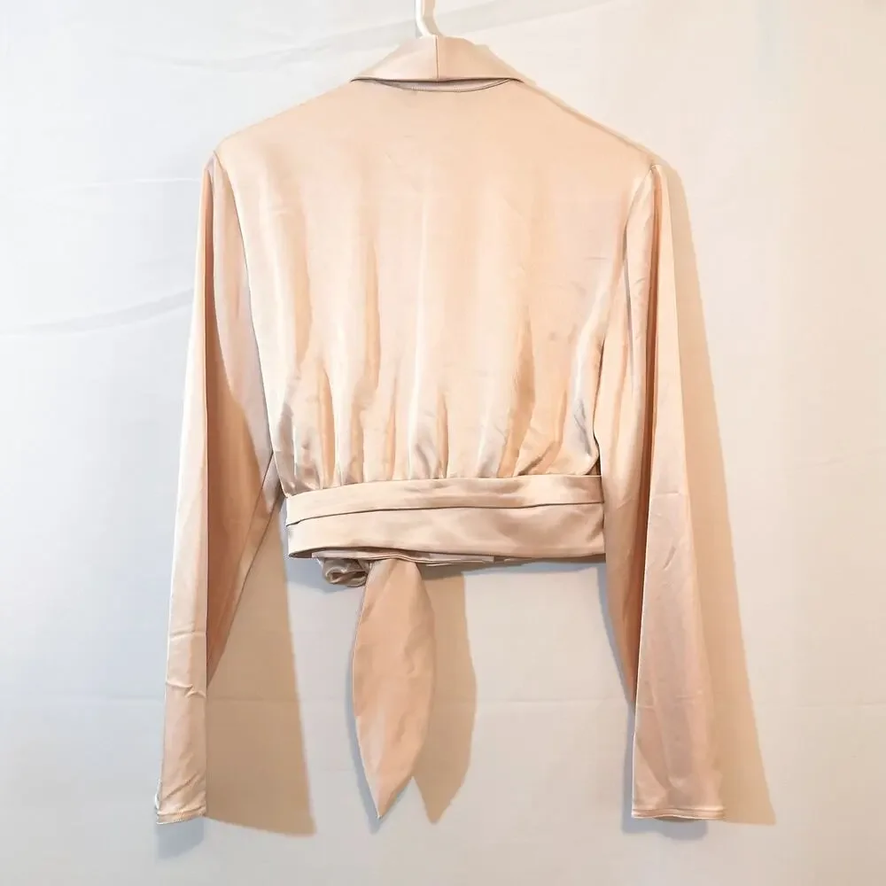 ARITZIA Babaton Davis Wrap Long Sleeve Crop Pink Blouse Sz. S - Picture 4 of 5